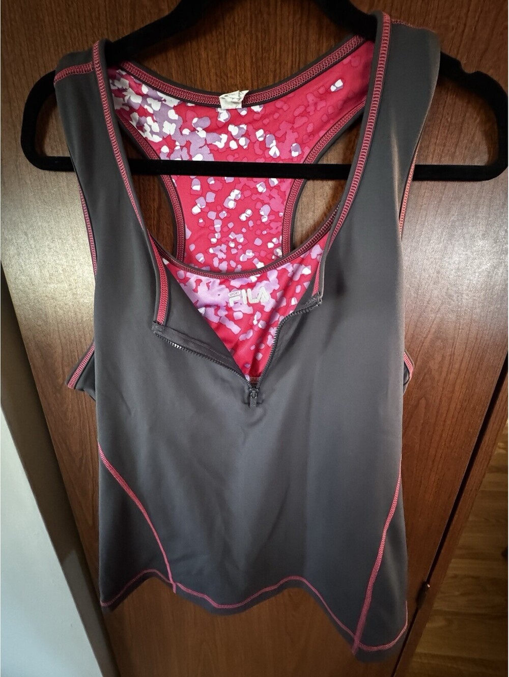 Fila Sport Womens XL Gray Pink Racerback Tank Built In Bra Zip Athletic Top